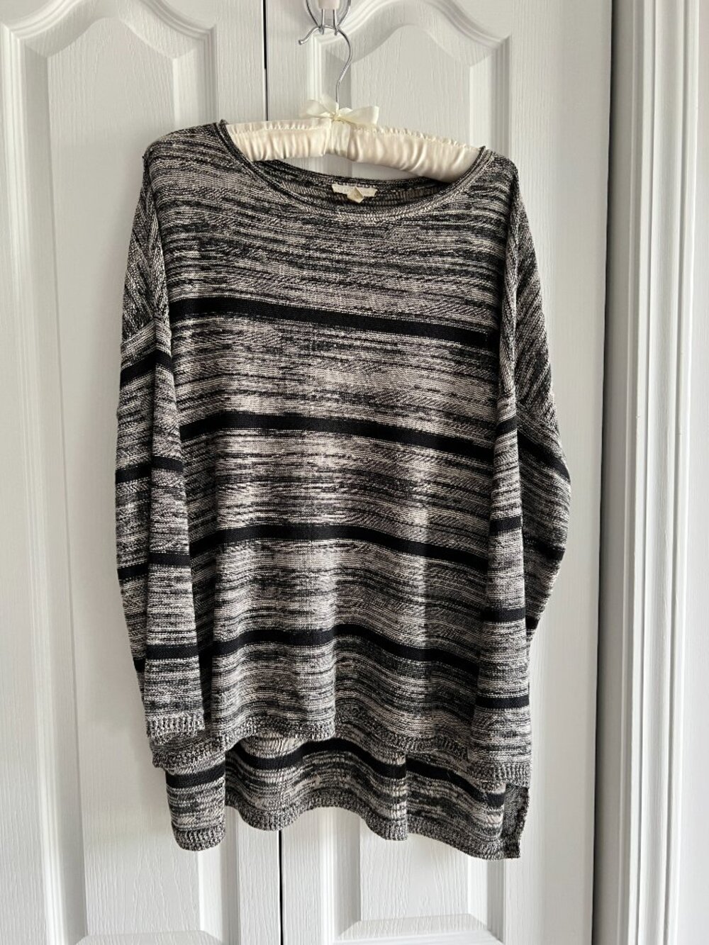 Eileen Fisher organic fine-gauge linen pullover, black & white stripes, size S